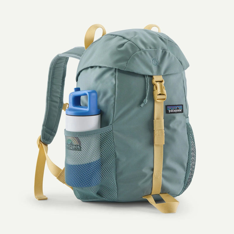 Load image into Gallery viewer, Green backpack with a water bottle in a pocket on a white background