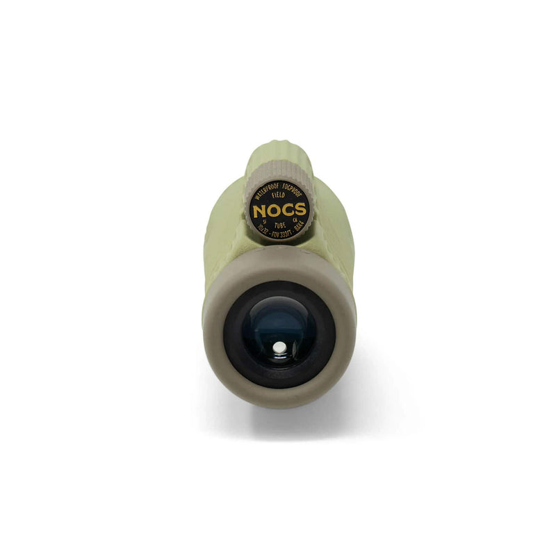Load image into Gallery viewer, A top-down view of a Nocks 12x48 binocular scope with a textured olive green body and a gray rubberized bezel around the lens, set against a plain white background.