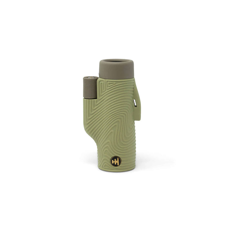 Load image into Gallery viewer, An olive green and gray lighter with a textured wavy pattern on its body, a gray top cap, and a small circular HH logo near the base, shown on a plain white background.