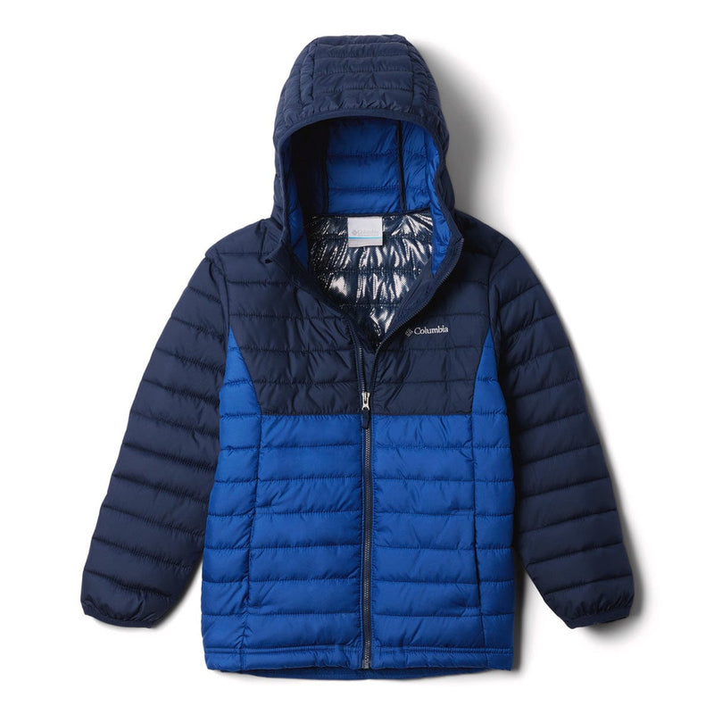Load image into Gallery viewer, Blue puffer jacket with Columbia logo on a white background