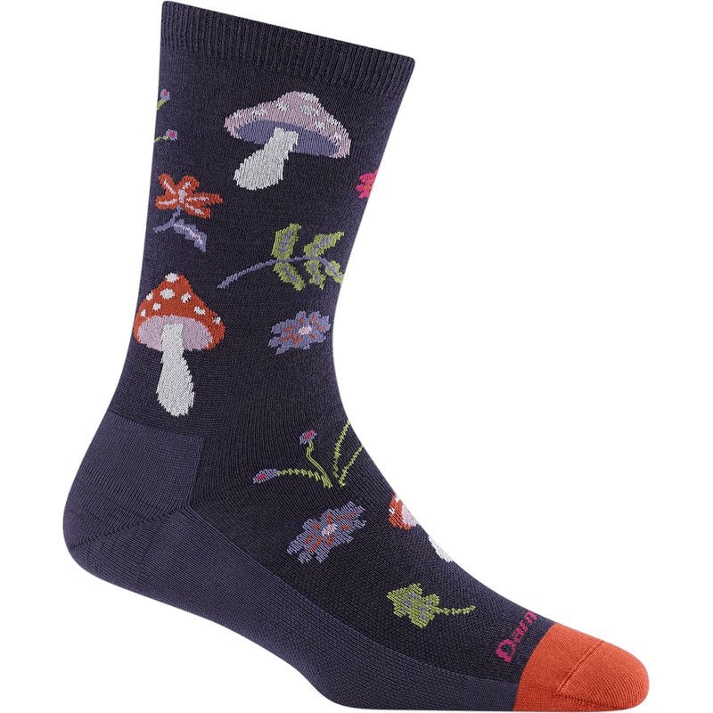 Load image into Gallery viewer, Navy sock with colorful mushroom and flower pattern on a white background