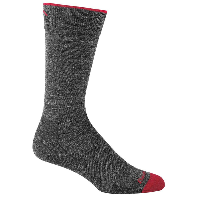 Load image into Gallery viewer, A pair of black Darn Tough crew socks designed for men, showing the side profile of the socks with the brand logo visible.
