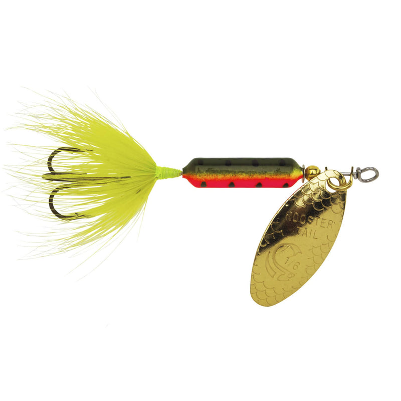 Load image into Gallery viewer, Fishing lure with a gold blade, red and black body, and yellow tail on a white background
