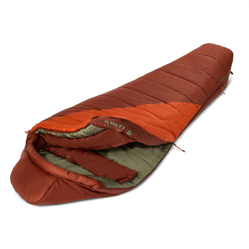 Load image into Gallery viewer, Brown and orange sleeping bag with Kelty branding on a white background
