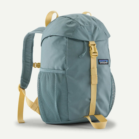 Blue backpack with beige straps on a white background