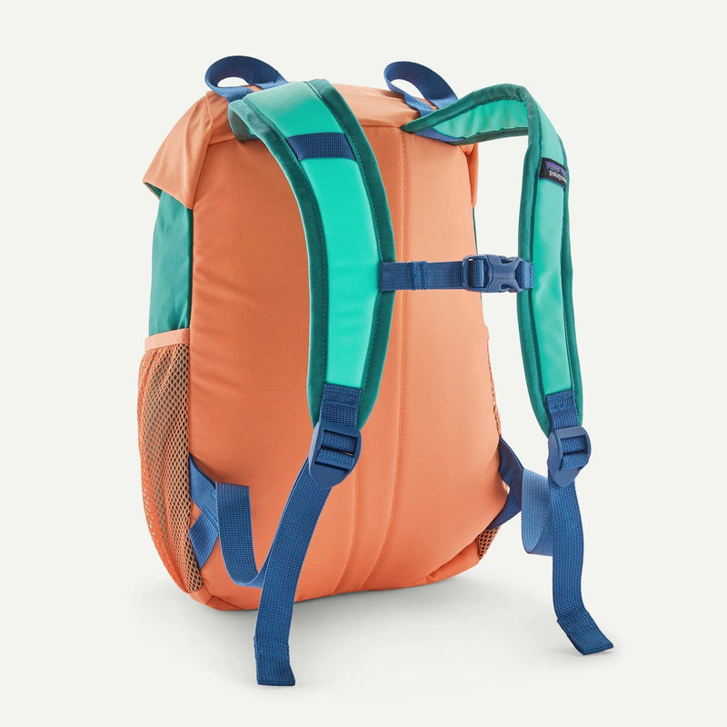 Load image into Gallery viewer, Orange backpack with green and blue straps on a white background
