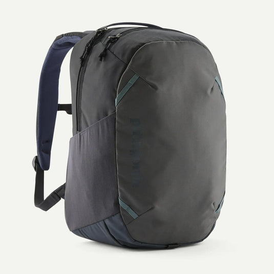Gray Patagonia backpack with blue accents on a white background