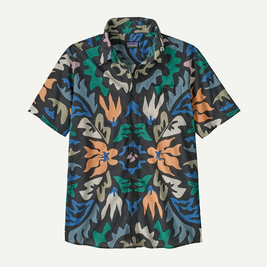 Colorful patterned shirt with a brand logo on a white background