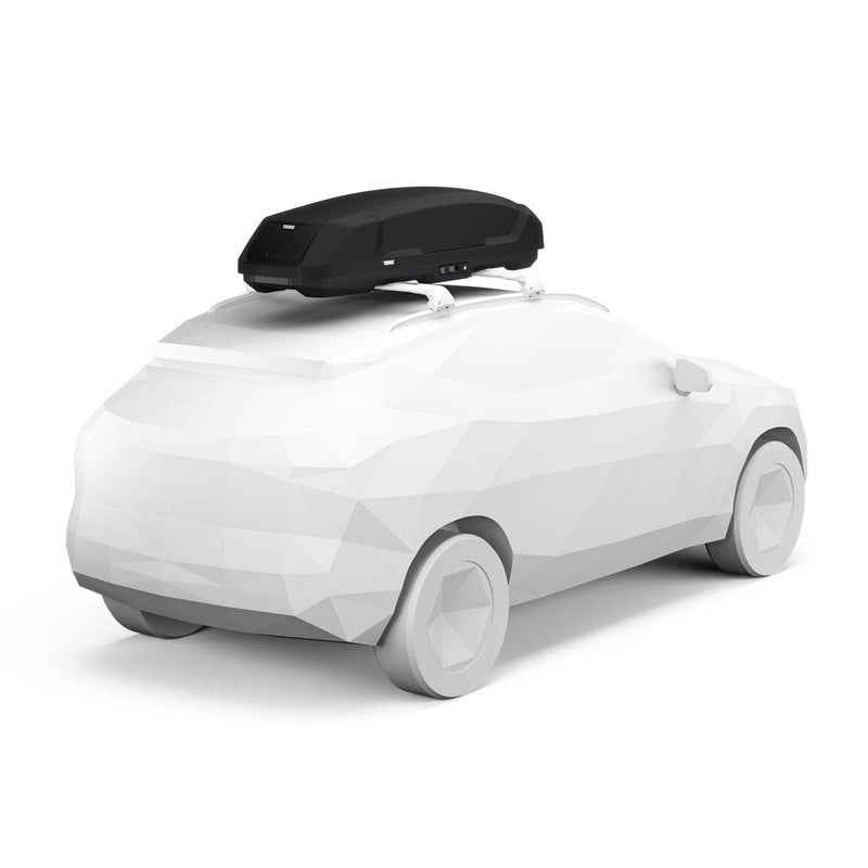 Load image into Gallery viewer, White car with a black roof box on a white background
