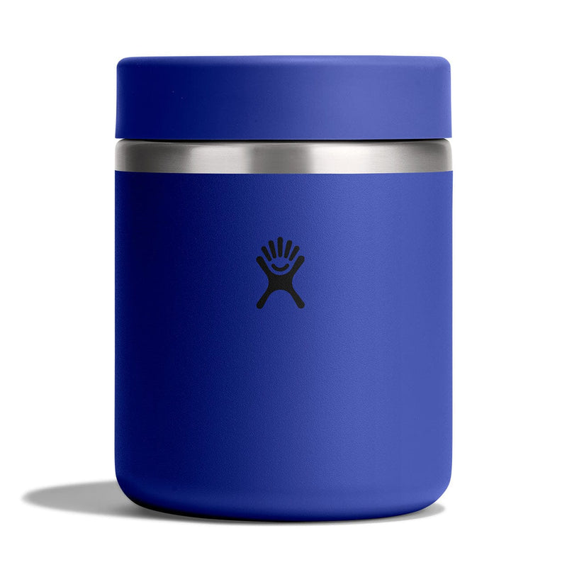 Load image into Gallery viewer, Blue thermos with silver base and black logo on a white background
