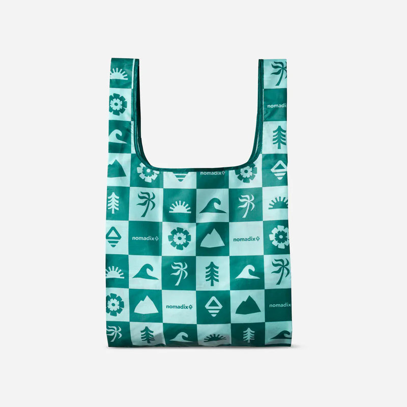 Load image into Gallery viewer, Reusable bag with green and blue pattern on a white background
