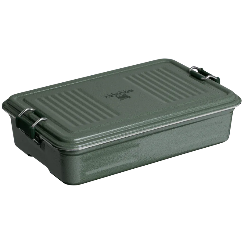 Load image into Gallery viewer, A dark green rectangular plastic storage container with a ribbed lid and metal latches, shown on a plain white background.
