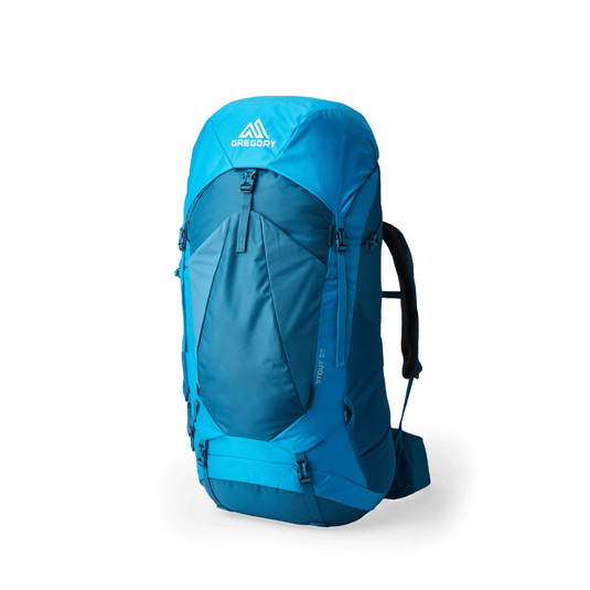 Blue backpack with a brand logo on a white background