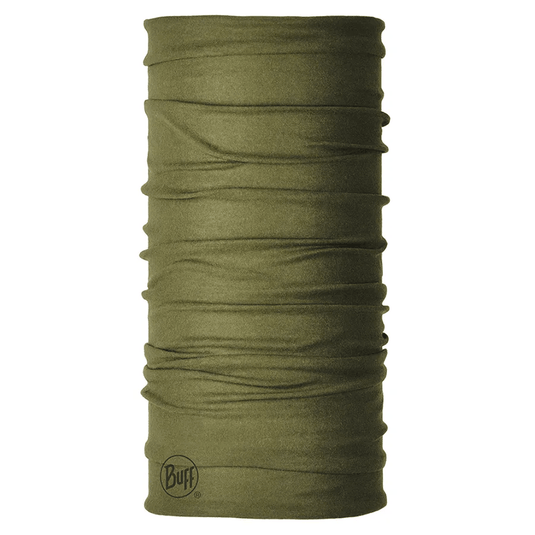 An olive green Buff neck gaiter tube, shown vertically on a plain white background with the brand logo visible near the bottom.