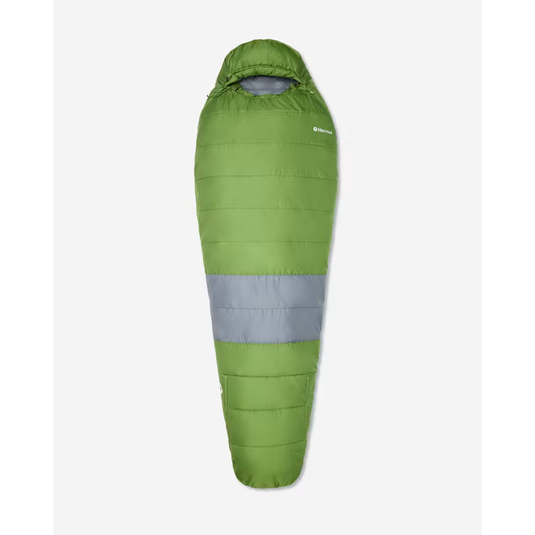 A green mummy-style sleeping bag with a horizontal gray reflective stripe across the middle, shown against a light gray background.