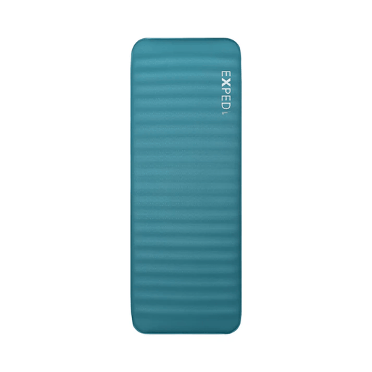 Teal camping mat with 'Exped' branding on a white background
