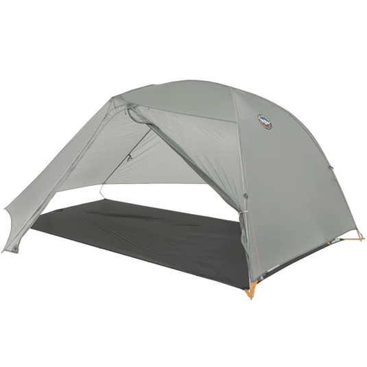 Gray camping tent with a brand logo on a white background