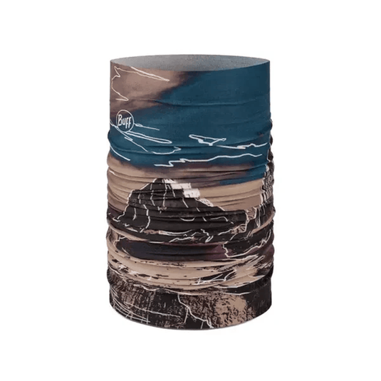 Multicolored neck gaiter with mountain design on a white background