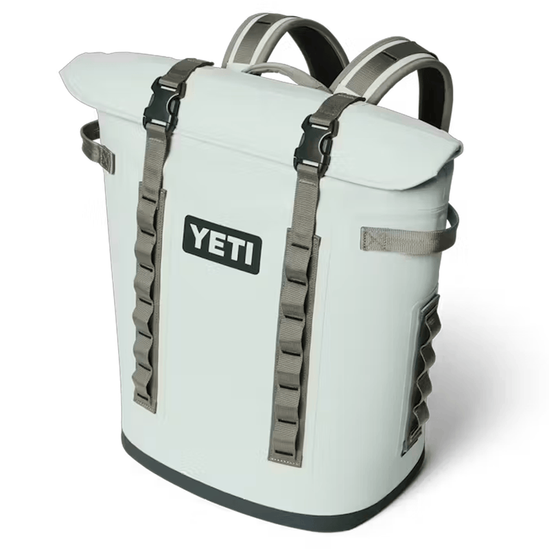 Load image into Gallery viewer, White YETI backpack with gray straps on a white background
