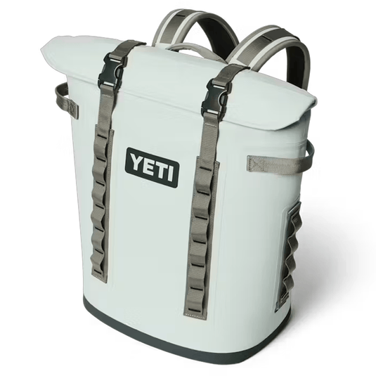 White YETI backpack with gray straps on a white background