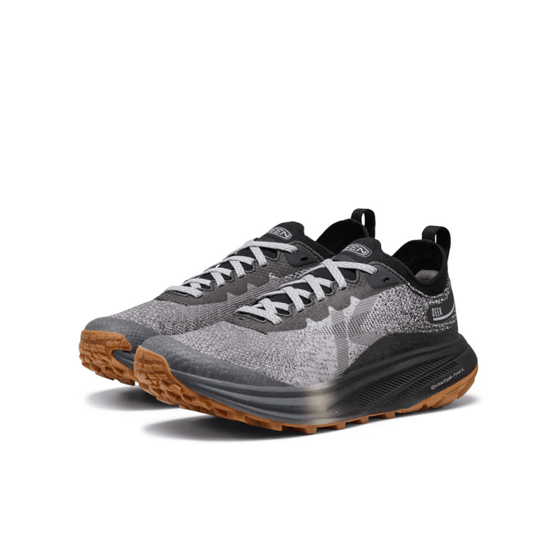 Load image into Gallery viewer, Gray and black running shoes with brown soles on a white background
