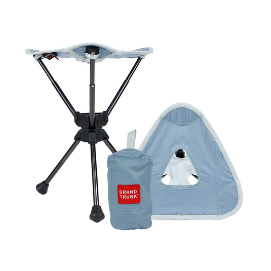 Portable tripod stand with a carrying case on a white background, featuring the Grand Trunk brand.