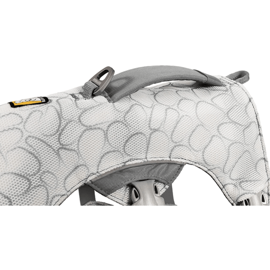 Close-up of a patterned dog harness on a white background