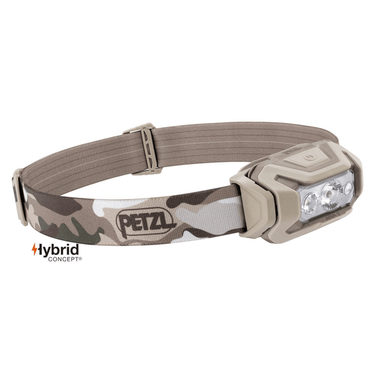 Camo-patterned headlamp with Petzl logo on a white background