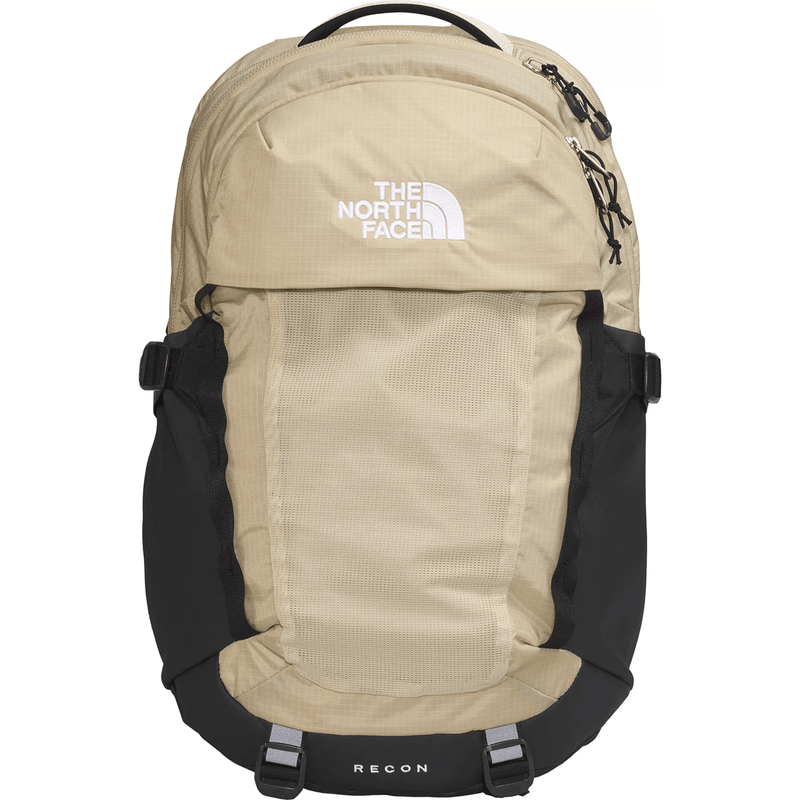 Load image into Gallery viewer, Beige backpack with black accents and The North Face logo on a white background
