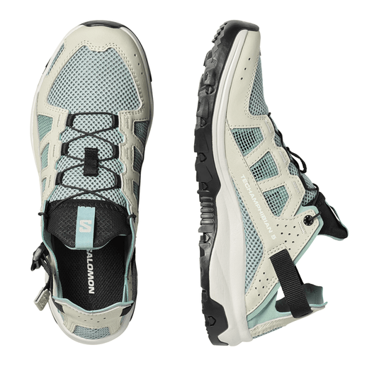 Pair of Salomon hiking shoes on a white background