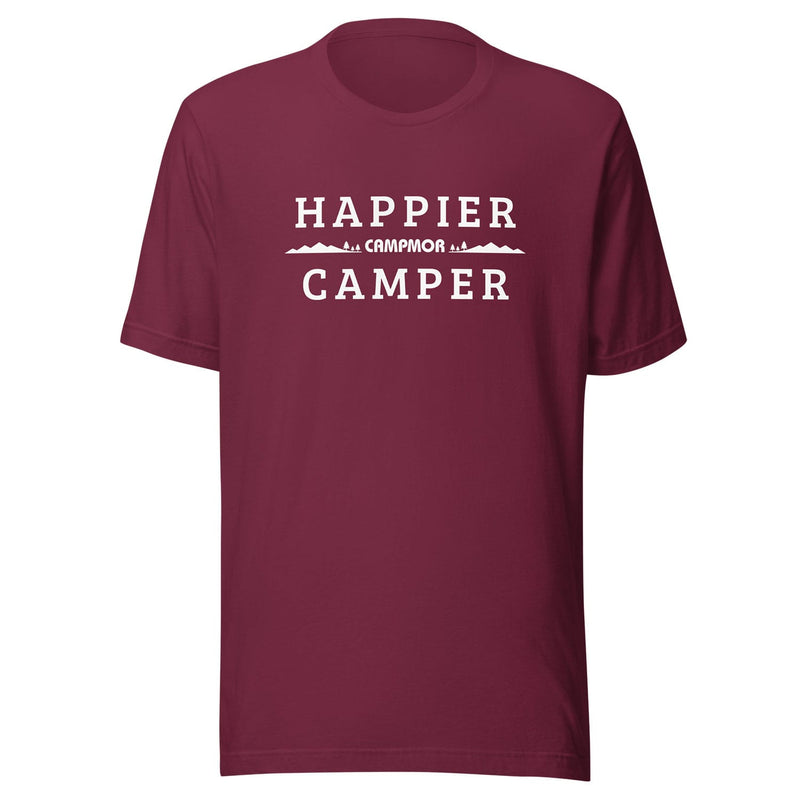 Load image into Gallery viewer, maroon t-shirt with white text and campmor graphic on a white background
